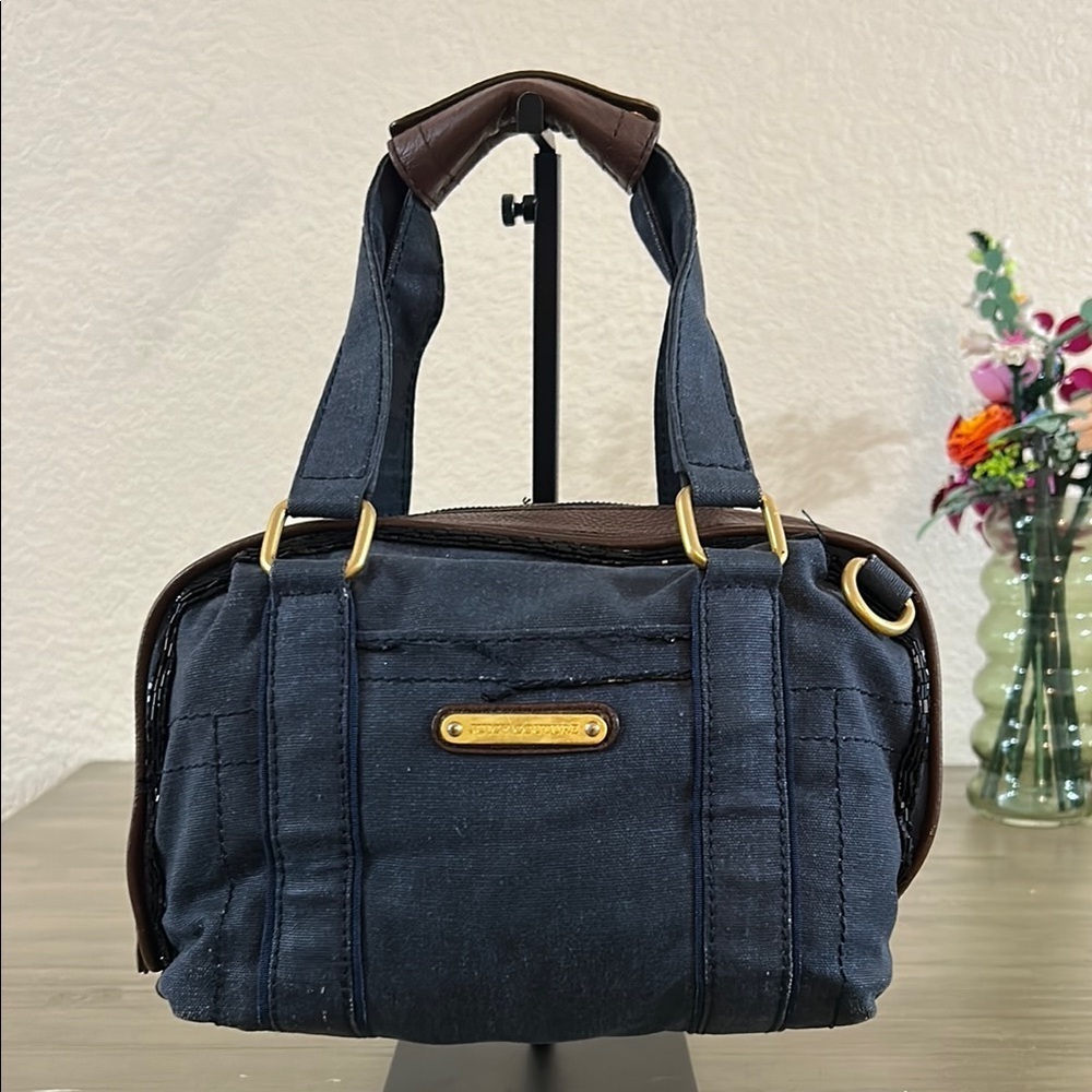 Navy Canvas Satchel Bag with Gold Hardware
